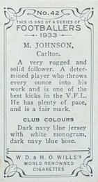 1933 Wills's Victorian Footballers (Small) #42 Maurie Johnson Back